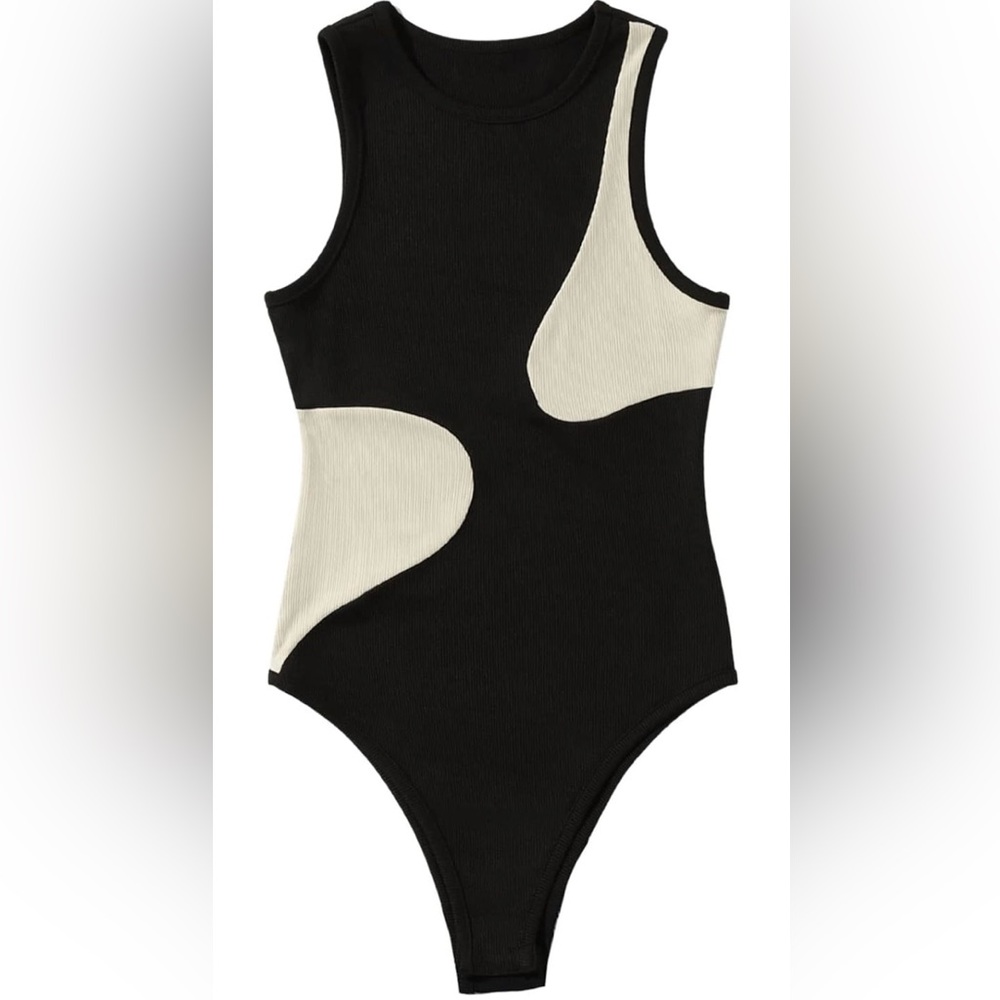 NWOT Black & Cream Women's Ribbed Knit Colorblock Bodysuit